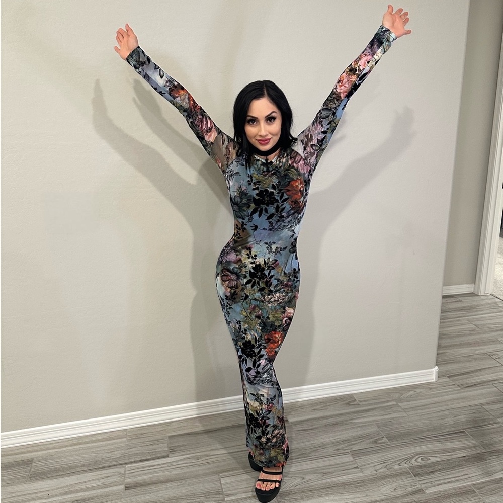 Multiple deep color with black velvet flower mesh maxi dress.